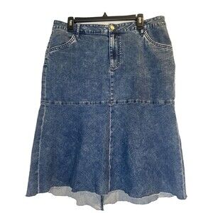 Wash Lab CRUSHED BLUE Denim Trumpet Skirt Distressed Hem Back Slit SZ 32/ US 14